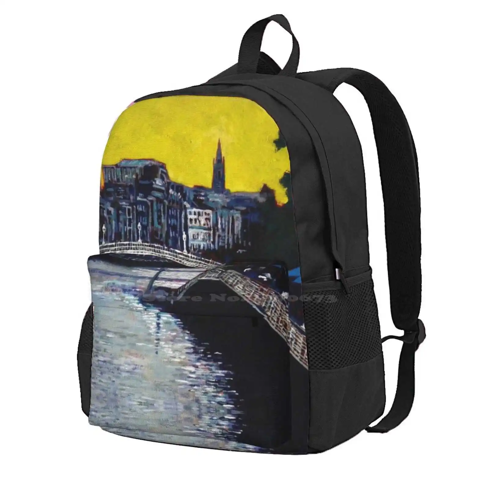 Hapenny Bridge & Boardwalk, Dublin, Ireland Hot Sale Schoolbag Backpack Fashion Bags Ireland Irish Dublin Liffey River Hapenny