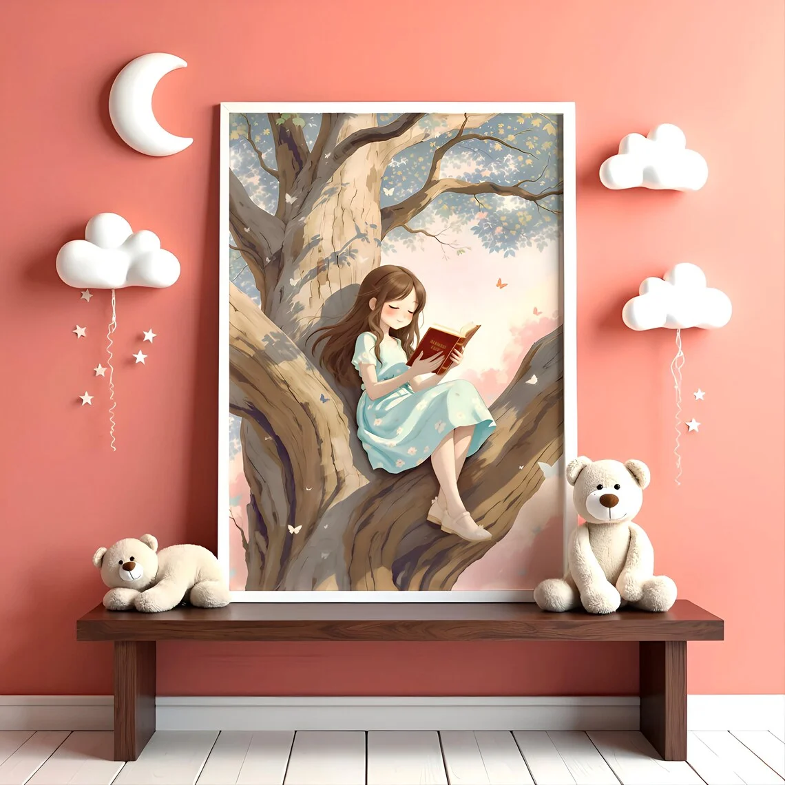 Traumhafte Wandkunst mit lesender Mädchenfigur am Baum – Sanfter Märchenbuchdruck, der die Magie des Kindheitslesens erweckt und sanfte Pastelltöne mit sich bringt.