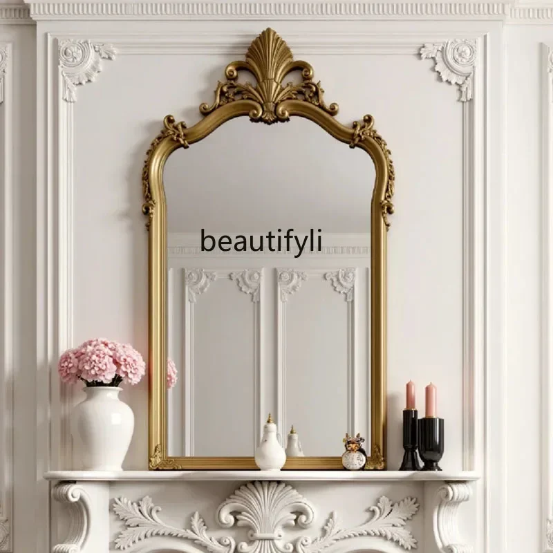 European fireplace mirror wall hanging porch decorative mirror retro, French special-shaped light luxury dressing mirror6239