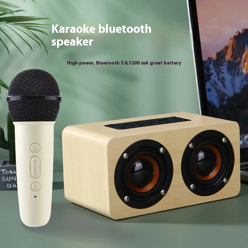 H3 Wooden Bluetooth Wireless Speaker Dual Microphone Karaoke Speaker TFU Disk Function Interface Computer Audio Dual Microphone