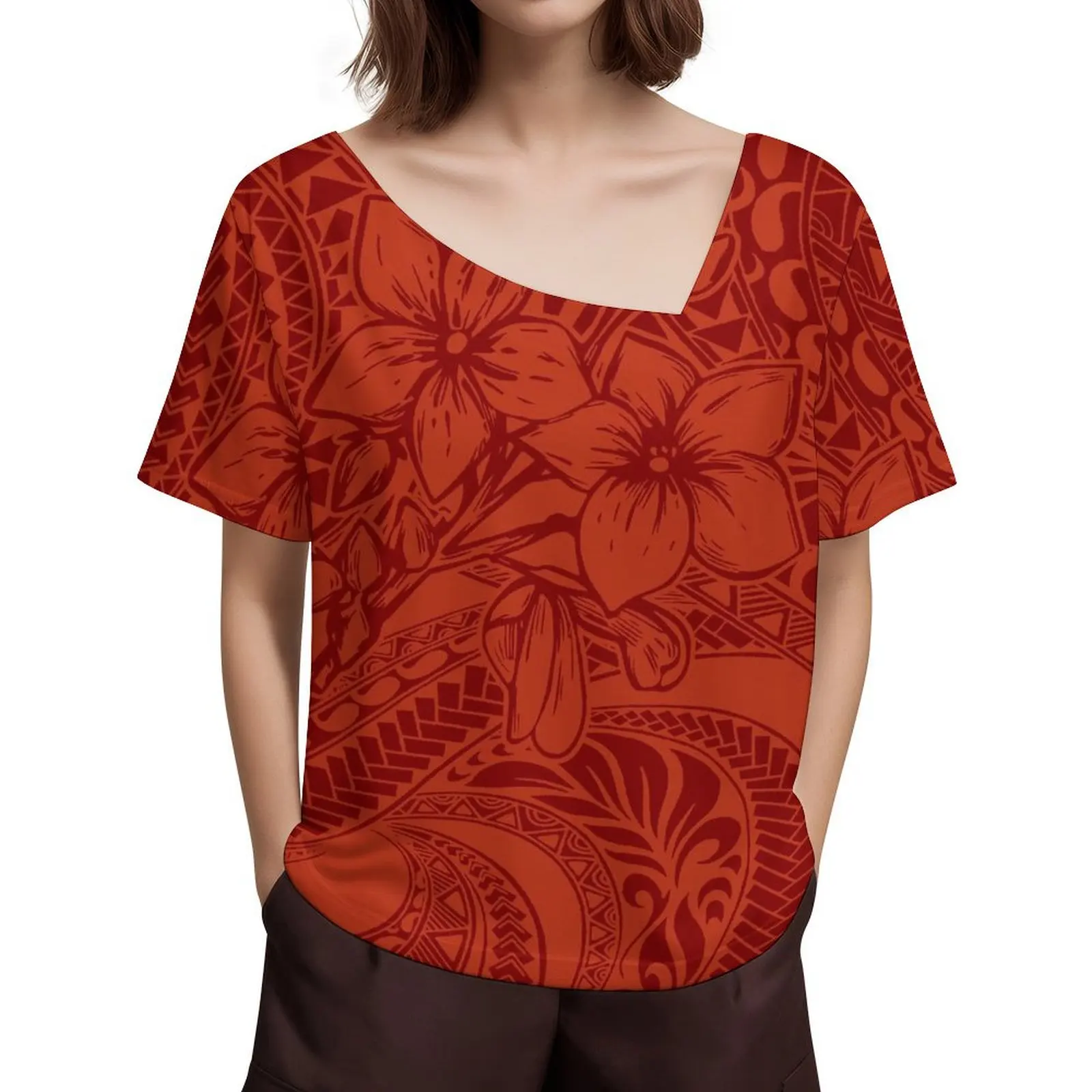 Summer New Women Short Diagonal Collar Design T-Shirt Polynesian Tribal Women Custom Daily Home Casual Fashion Clothing