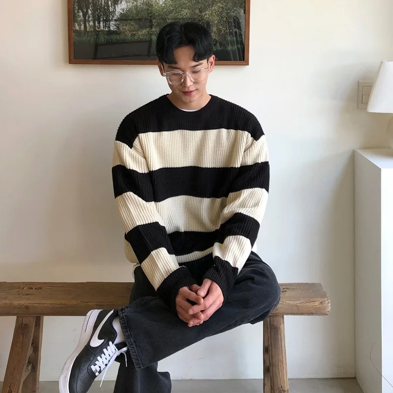 

Мужской свободный повседневный трикотажный свитер с круглым вырезом и полосками, осенне-зимний модный трендовый топ с длинными рукавами для активного образа жизни молодежи