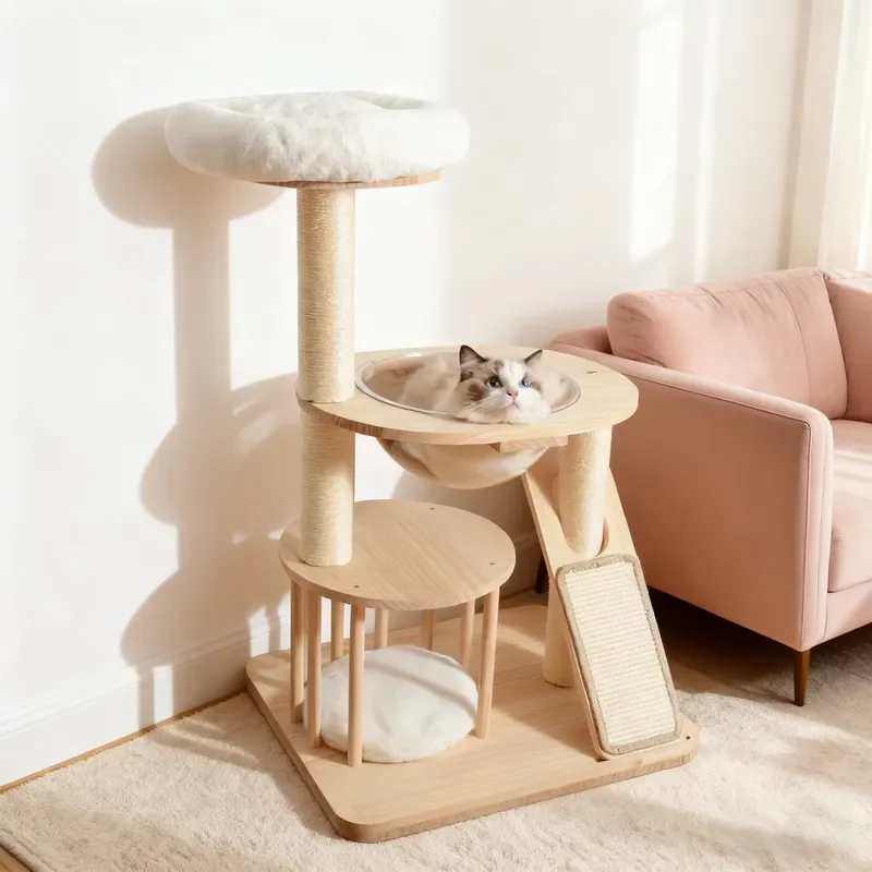 Solid Wood Multi-Layer Cat Tree Sisal Claw Column Large Cats Jumping Platform Nest Integrated Cat Climbing Frame Cross-Border