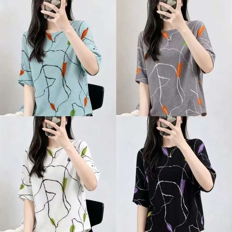 Miyake Pleated 2026 Original Abstract Line Print Pleated T-Shirt for Women Summer Loose Fit Plus Size Versatile and Stylish Top
