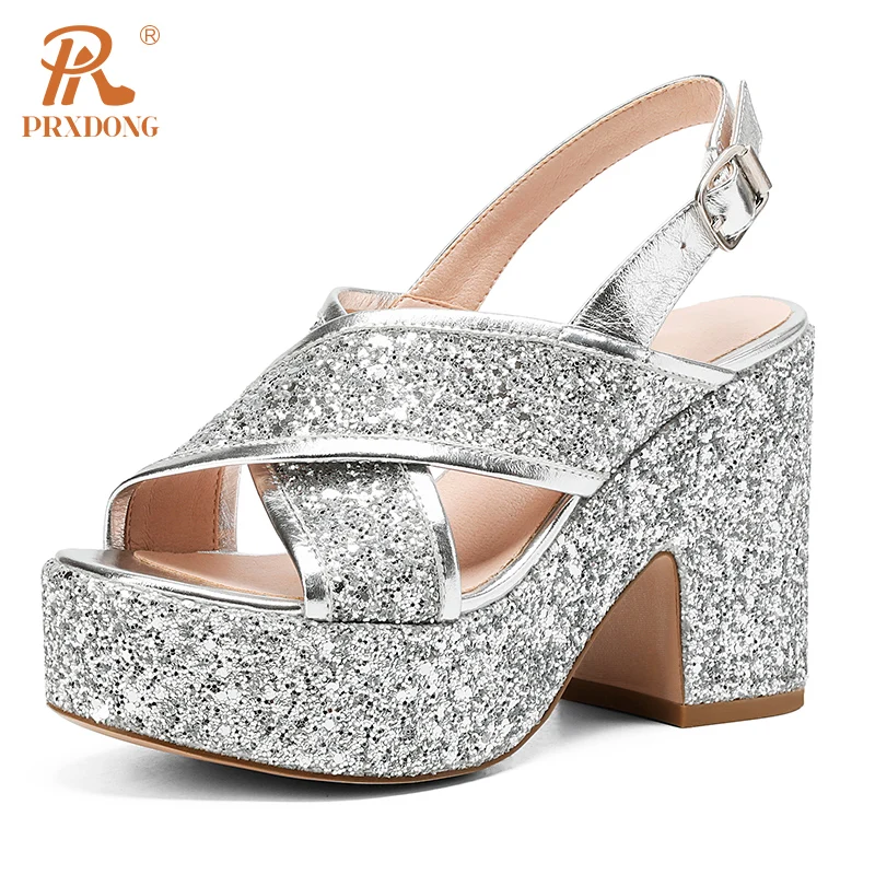 PRXDONG Women\'s Summer Sandals New Brand Qulaity Bling Gold Silver Dress Party Wedding Female Sandals Platform Shoes Size 34-39