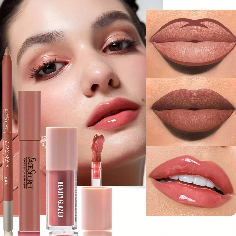 3 قطعة/المجموعة عارية ماتي المخملية الشفاه ماكياج الشفاه بطانة + أحمر الشفاه + زيت الشفاه طويلة الأمد للماء ماتي أحمر الشفاه ماتي الشفاه كيت