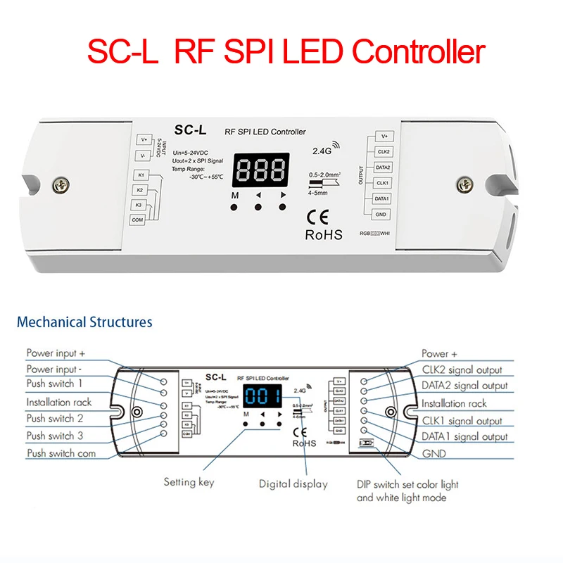 

SC-L 5-24VDC RF SPI LED Dimmer Controller for White Light/RGB/RGBW Pixel Led Strip Compatible with 47 Kinds of Driving ICs