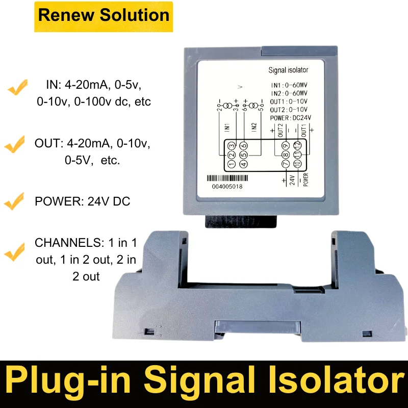 Signal Converter DC 0-10V 4 to 20mA Analog Isolator Transmitter 60mV 75mV Signal Converter 0-5V Plug-in Type Isolation