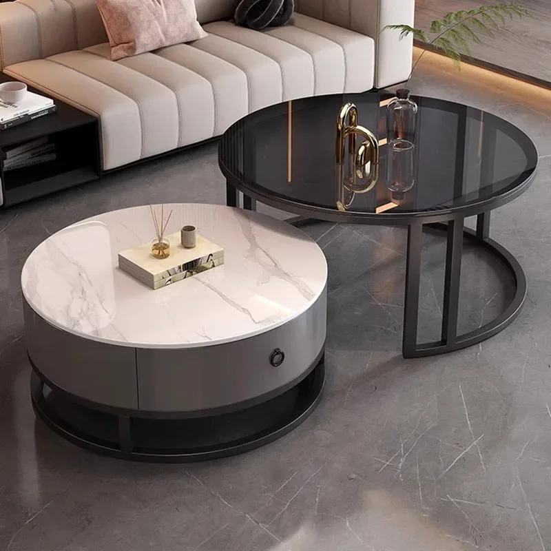 Waterproof Round Coffee Tables Modern Storage Low Marble Mobile Table White Minimalist Floor Mesa Auxiliar Home Furniture