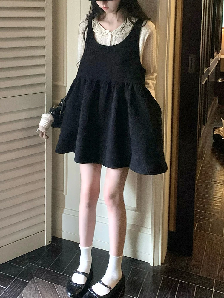 여성용 블라 울 니트 스웨터와 러플 칼라 스커트 세트, 겨울 패션 이너웨어 앙상블