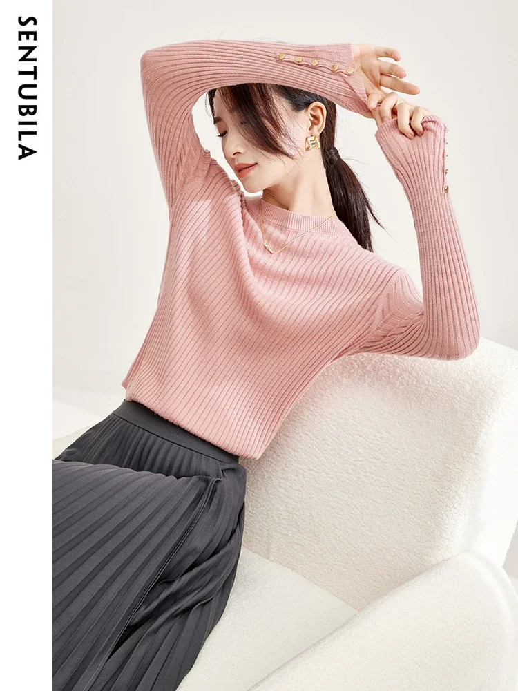 SENTUBILA Pullover Sweaters Soft Knit Tops for Women 2024 Spring Fashion Simple Round Neck Knitwear Basic Jumpers W33H51125