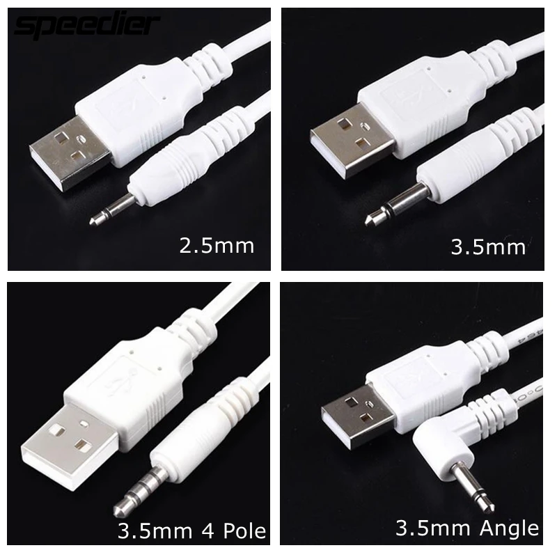 White USB Jack Aux 2.5mm 3.5mm Mono Audio cable USB 3.5 mm 4 Pole 3.5 USB 2.0 to DC3.5mm 90 Degree 2A charging power cable 3FT