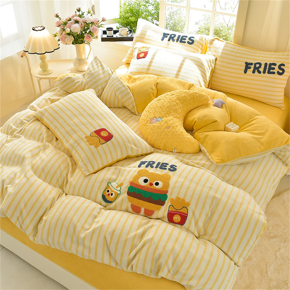 Cartoon Milk Velvet Bedding Set Embroidered Thickened Winter Warm Four Piece Sets Girls Home Bedroom Decor Quilt Cover Bed Sheet