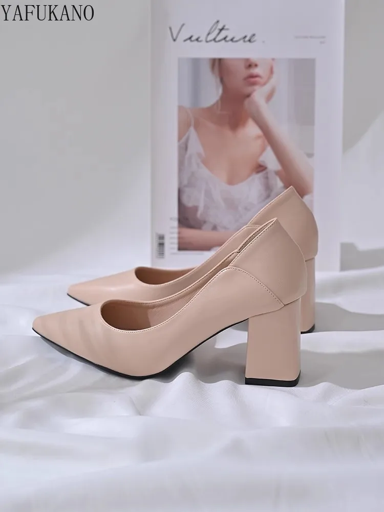 Chunky Heeled Nude Pink High Heels Women Soft Leather Pointed Toe Girl Office Work Single Shoe Party Dress Shoe Small Size 31 32