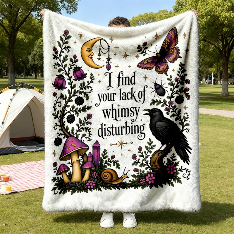 Lack of Whimsy Crow Flannel Blanket, Witchy Autumn Throw, Celestial Moth Halloween Gift for Women