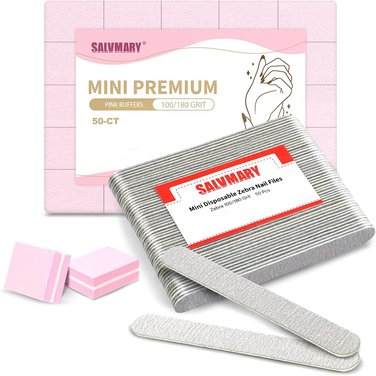 50 Pcs Disposable Zebra Nail Files 100/180 Grit and 50Pcs Pink Mini Nail Buffer Blocks Bundle For Nail Care