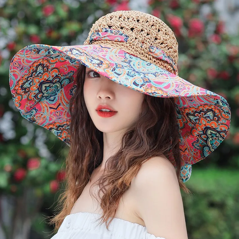 2022 Fashion Hook Printing Travel Hats Sun Women Sunshade Bowknot Straw Hat Summer Wide Brim Beach Floral