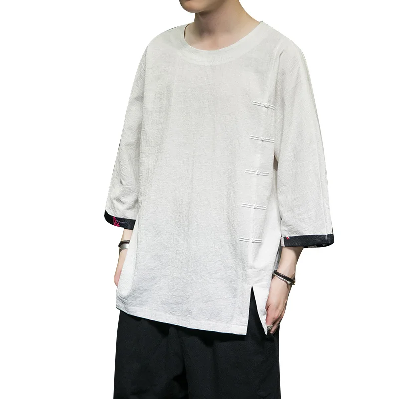 Chinese Style Summer Linen Three Quarter Sleeve Short Sleeve T Shirt Men Plus Size Hanfu Traditional Dress Harajuku Tops Male