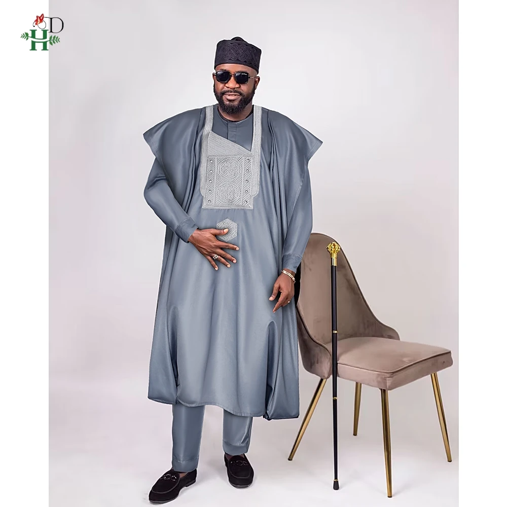 

H&D African Top And Pant 3 PCS Sets For Men Embroidery Gray Africa Daily Wear Traditional Wedding Party Plus Size Clothes 2025