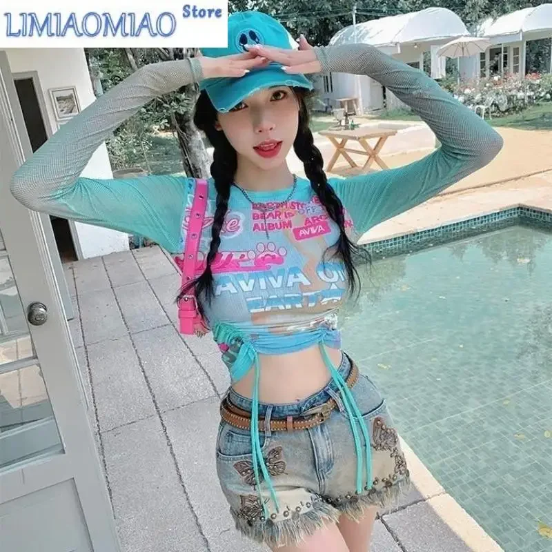 

Sweet Cool Cartoon Print Crop Tops Drawstring Mesh Long Sleeve T-shirt Women Summer Slim Short Paragraph Top Tide Sunscreen