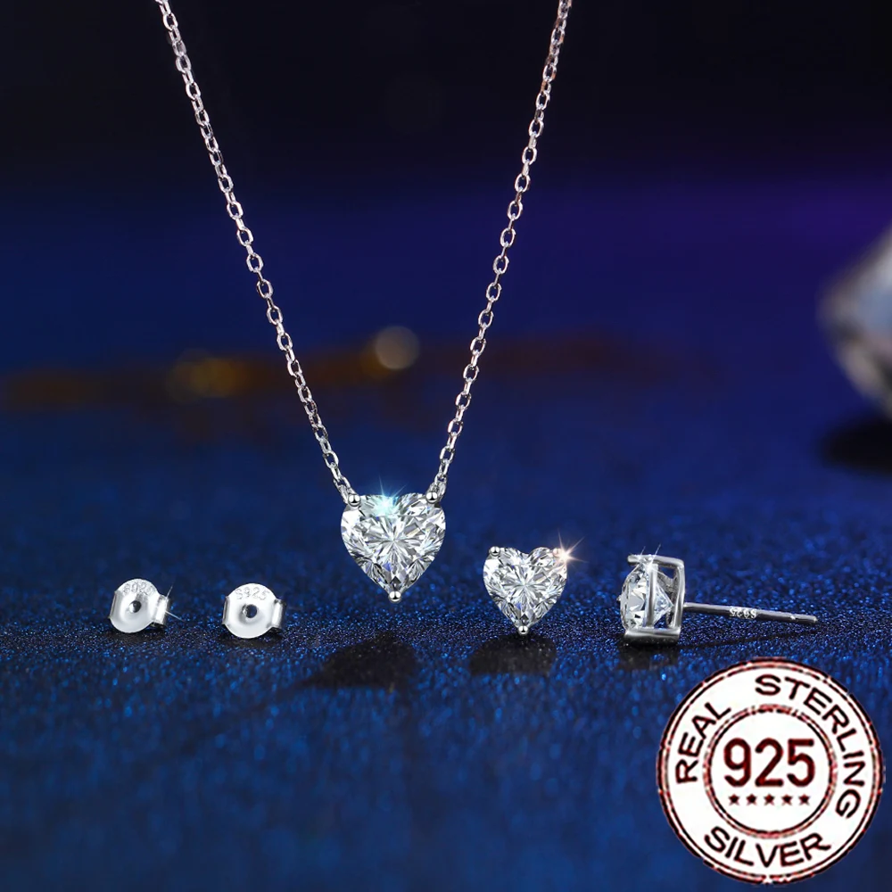 

CWWZircons S925 Sterling Silver Heart Shape CZ Stud Earrings Pendant Necklace Set for Women Fine Christmas Jewelry Gifts ST022
