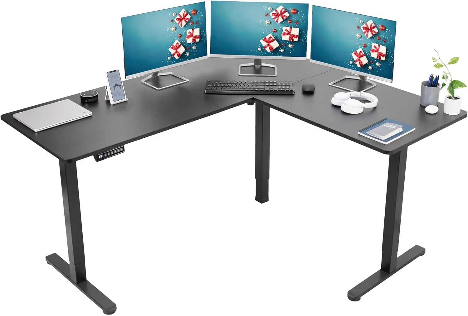 Electric Corner L-Shaped 63 x 55 inch Standing Desk, Height Adjustable, Memory Controller, Black Top Black Frame, DESK-E3CTB