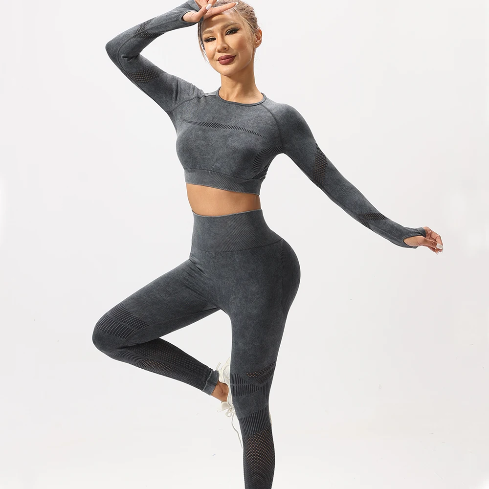 2 PCS Hollow Seamless Yoga Gym Suit Women Thumb Hole Long Sleeve Push Up Sports Leggings Fitness Workout Sets Slim Clothing