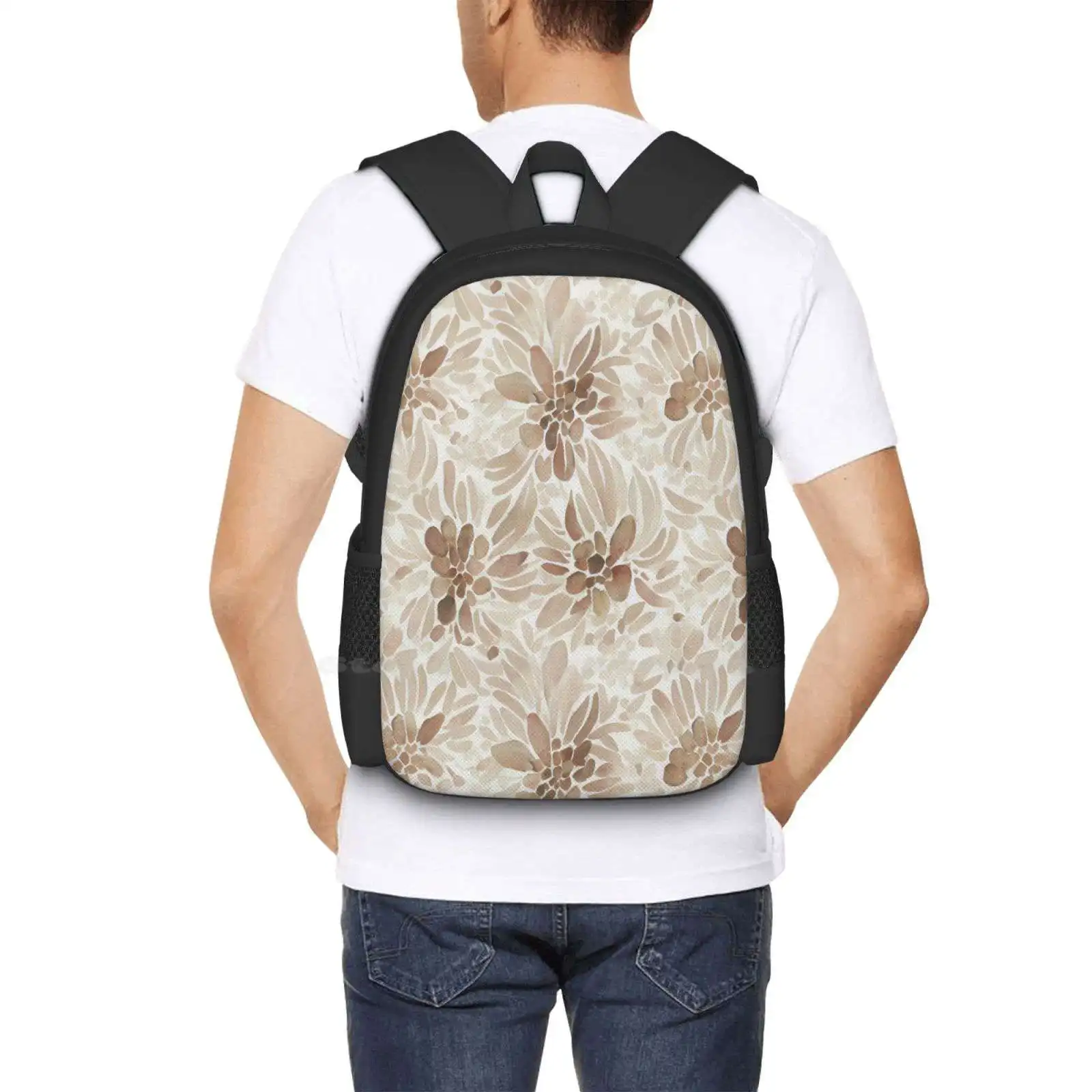 Braunes monochromes abstraktes Blumenmuster auf weißen Schult aschen reisen Laptop-Rucksack romantisches Muster Blumenmuster girly