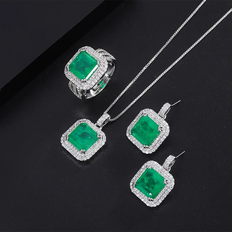 

Micro Pave Simulated Emerald Paraiba Gemstone Earrings Pendant Women's Ring Set