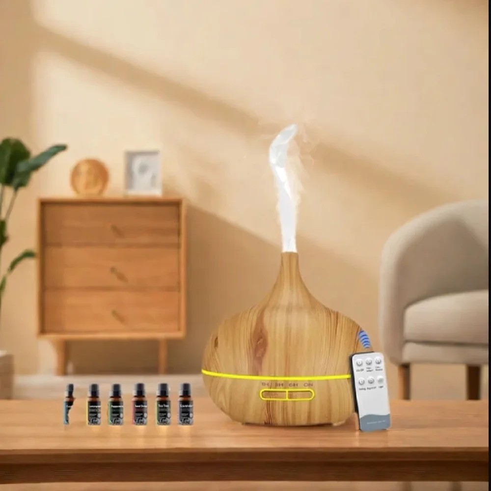 

Four Colors 550ml Essential Oil Diffuser with 6 Starter Oils – Wireless Remote & 7-Color LED Cool Mist Humidifer for Any Space