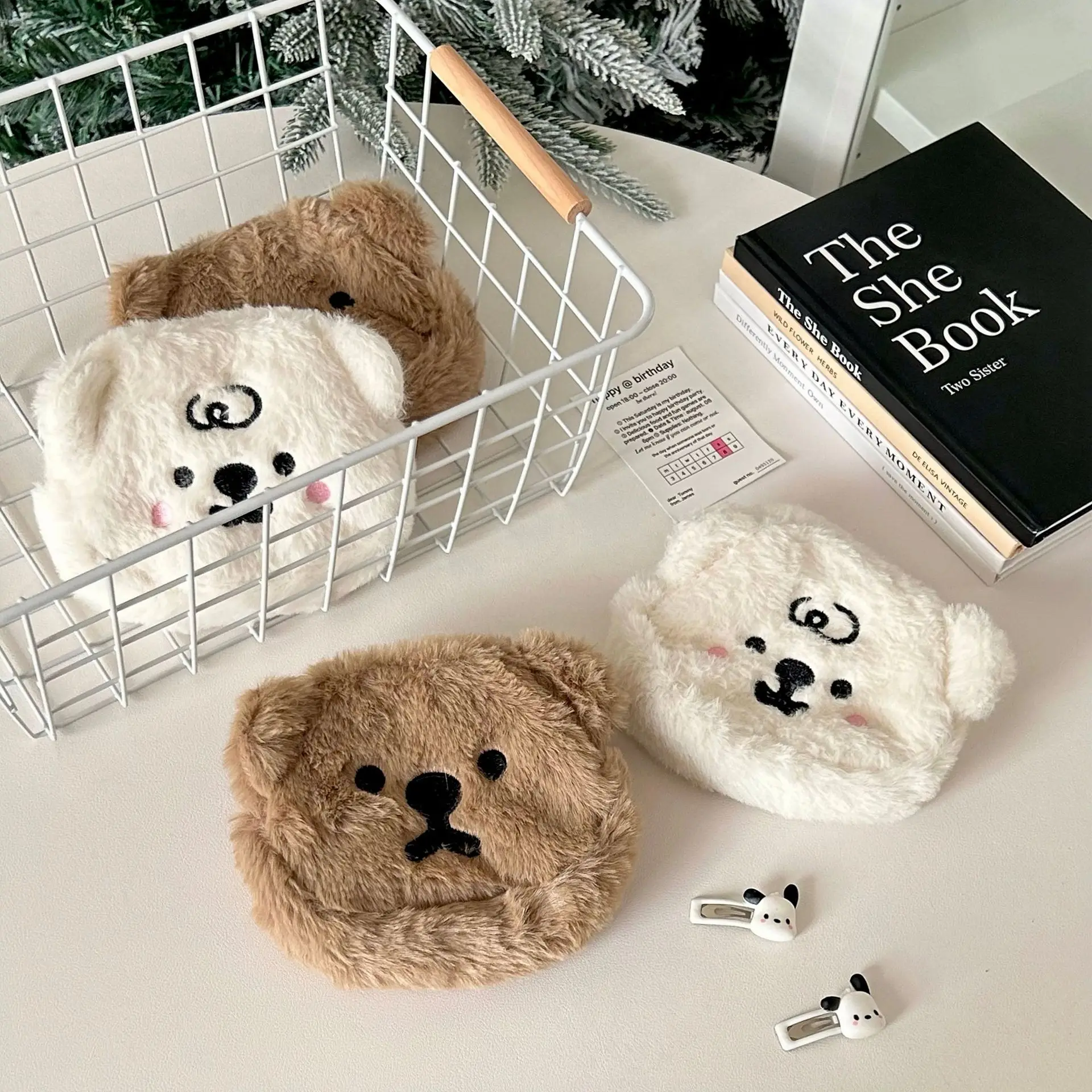 Korean Instagram Cute Cartoon Plush Soft Little Bear Zero Wallet Earphone Embroidered Card Storage Small Bag