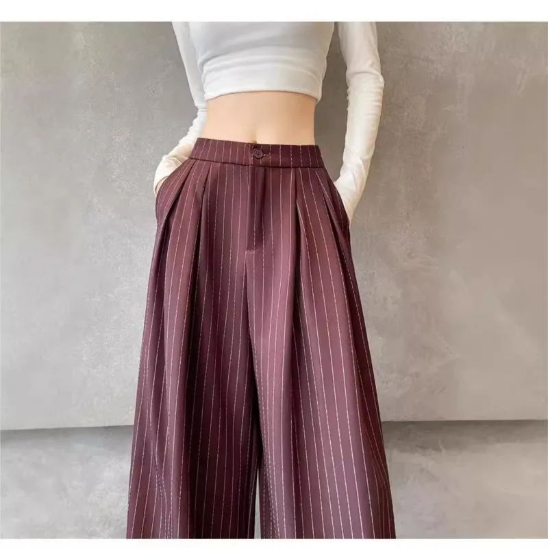 2025 Autumn Korean women's design sense loose slimming high-waisted straight-leg drape casual pants; striped suit wide-leg