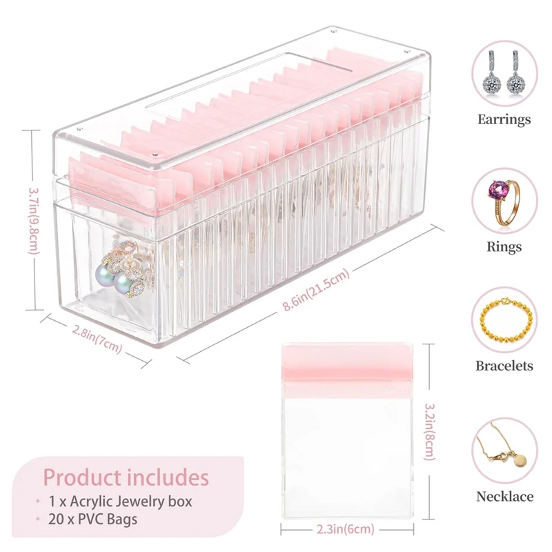 Acrylic Jewelry Box,Clear Jewelry Organizer With 20 PVC Portable Anti Oxidizing Zipper Bags,Travel Jewelry Case