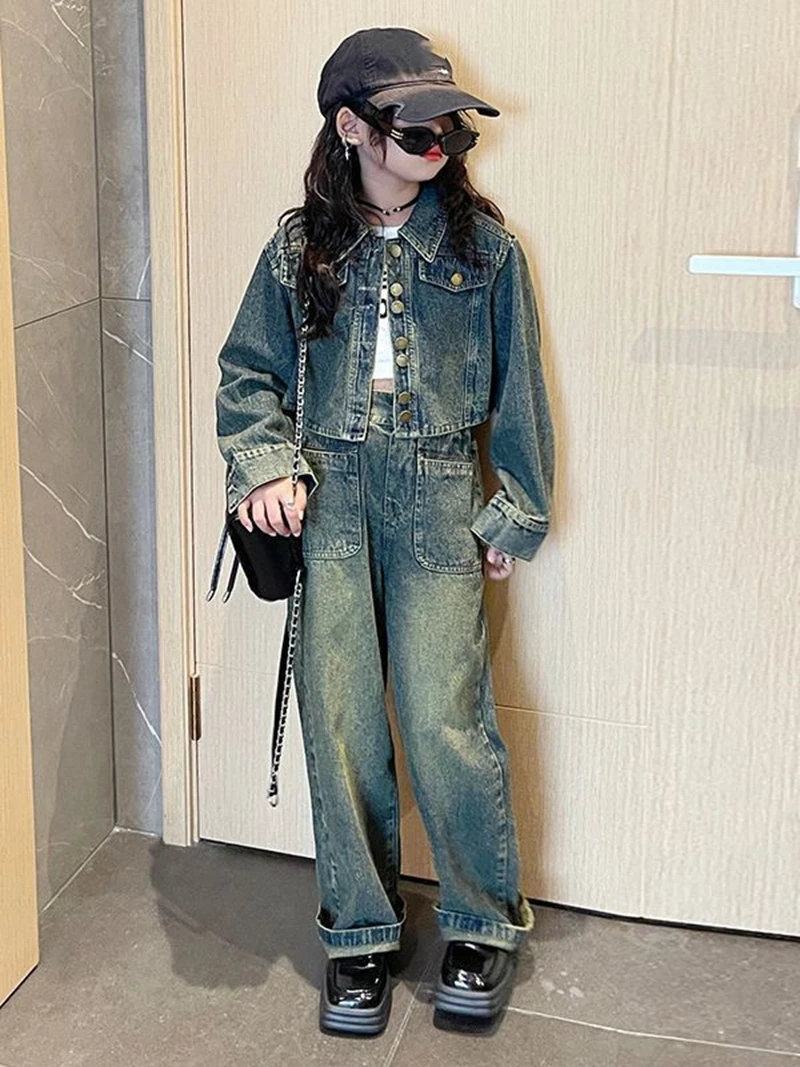 

Teenage Girls' Clothes Suit 2023 New Fashionable Spring and Autumn Children's Casual Denim Jacket Retro two-piece Set Kids 4-14Y