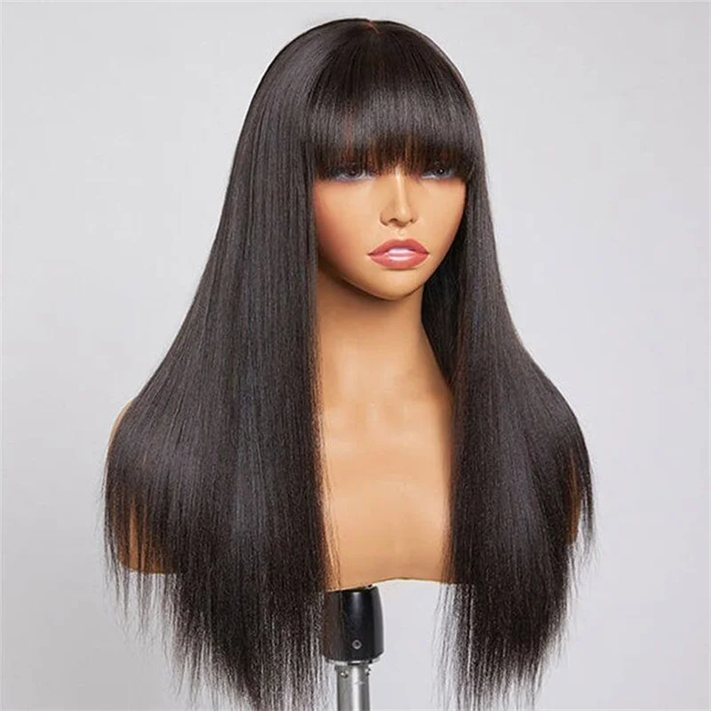 Natural Black Long Straight Machine Wig with Bangs for Black Women, High Temperature Fiber, Cosplay, Soft, Glueless, Daily