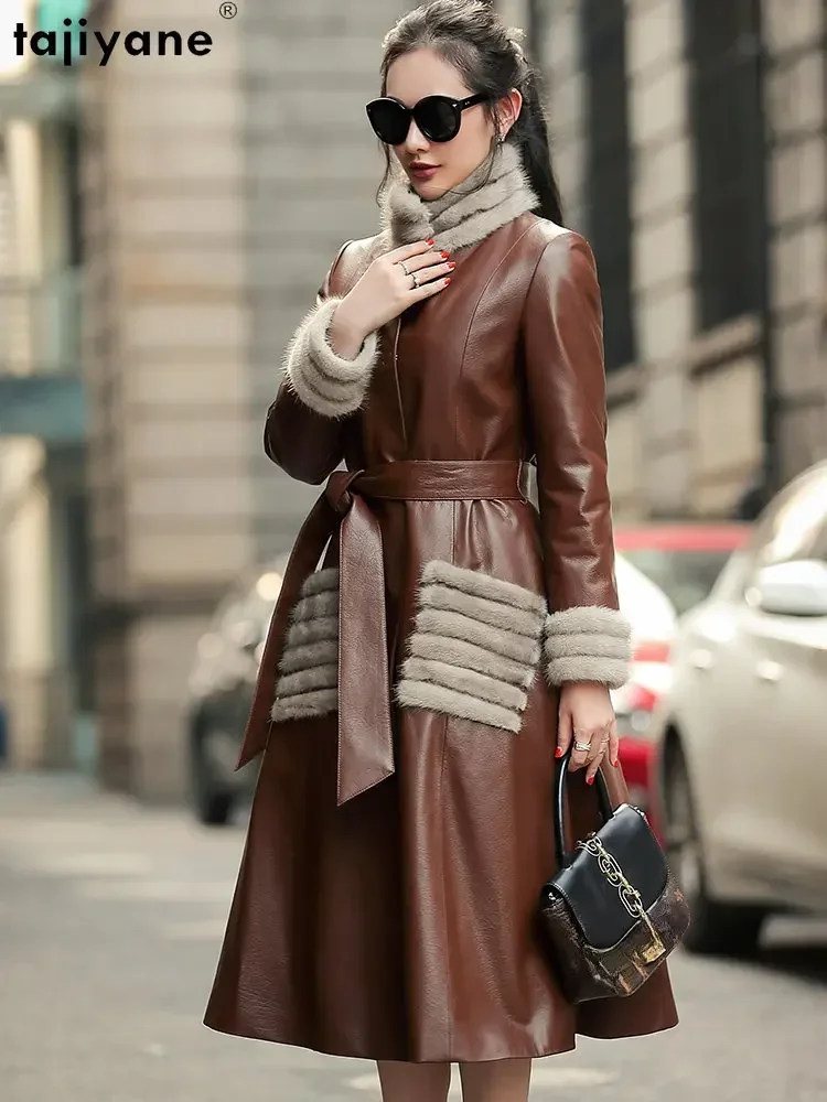 Tajeyane-Chaqueta de piel de cabra auténtica para mujer, abrigo ajustado de longitud media, con cuello de piel de visón, elegante, 2023