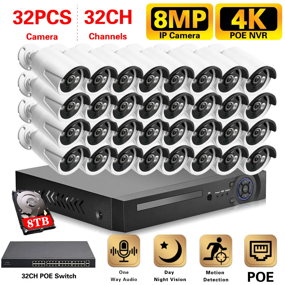 

Система видеонаблюдения 4K Ultra HD: 32-канальный NVR-регистратор H.265, 8 Мп IP-камеры с PoE и аудио, уличные камеры IP66
