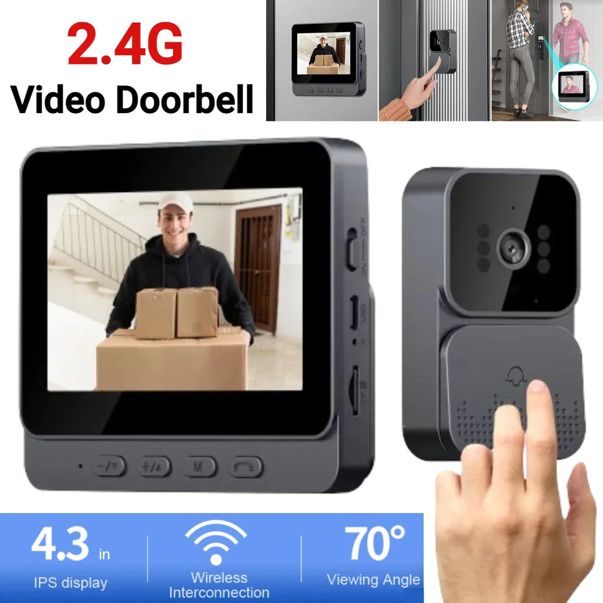 Video Doorbell Video Intercom Eye Peephole Camera 1080P IR Night Vision Home Doorbell 2.4G 4.3inch IPS Screen for Home Security