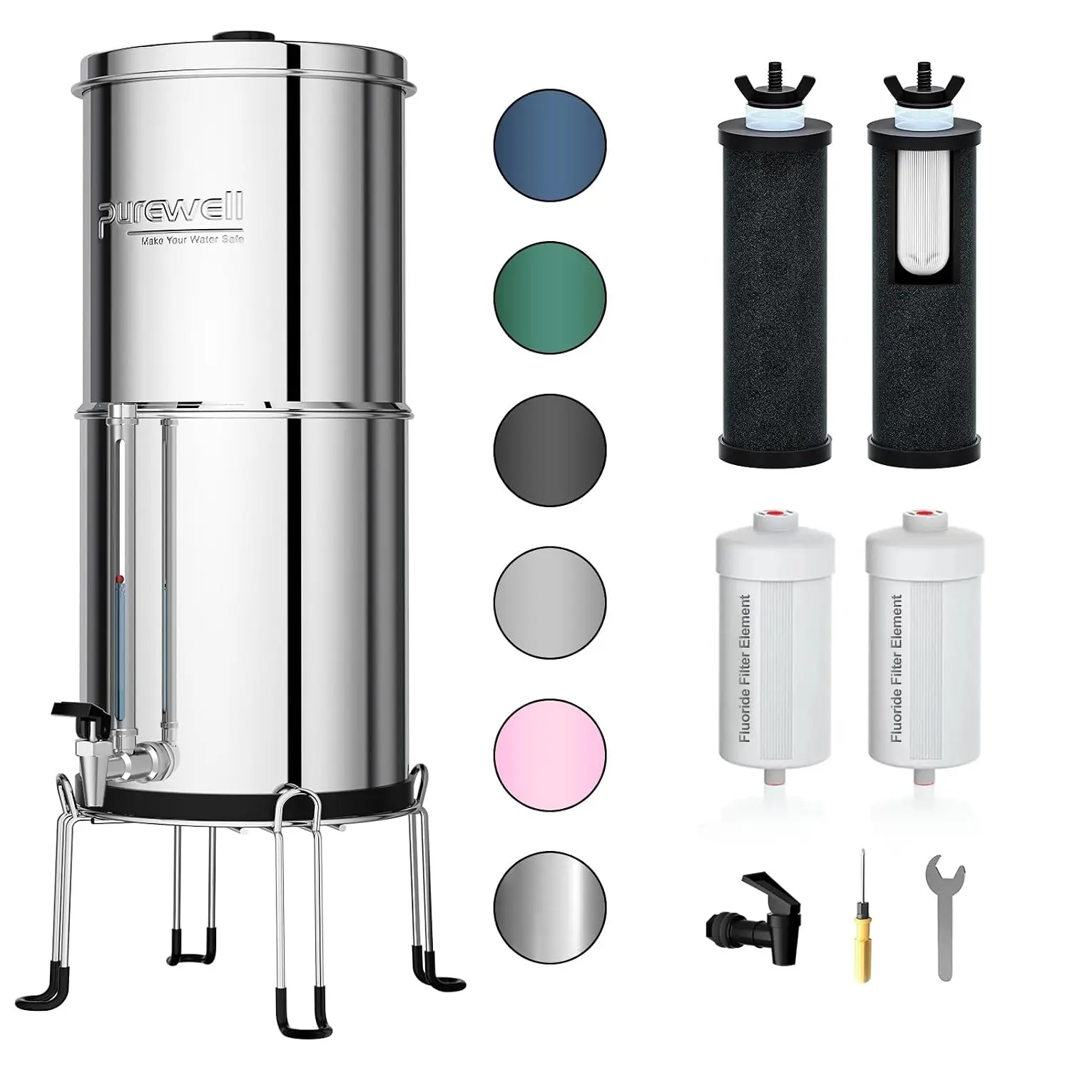 8-Stage 0.01μm Ultra-Filtration Water Filter System, 304 Stainless Steel Countertop System with 4 Filters, Metal Water Level
