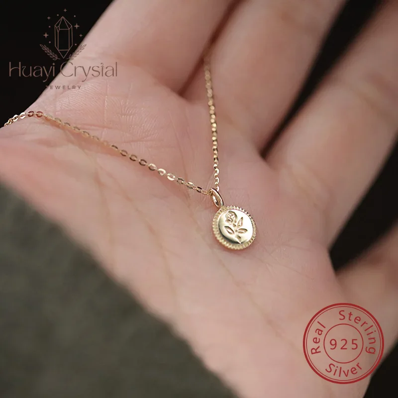 

Rose small coin S925 sterling silver plated K gold necklace bead edge glossy carved flower mini style female pendant necklace