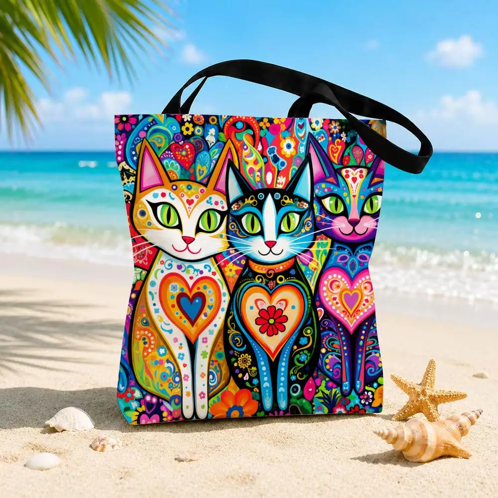 Colorful Cat Art Storage Bags Beach Canvas Shoulder Tote Bag Double Sided Print Fashion Handbag For Travel Picnic