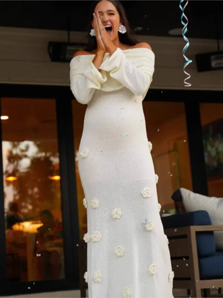 Off Shoulder Knitted Long Dresses Elegant Flowers Beach Maxi Dress Fashion Slim Party Robes 2024 Chic New Lady Evening Gown