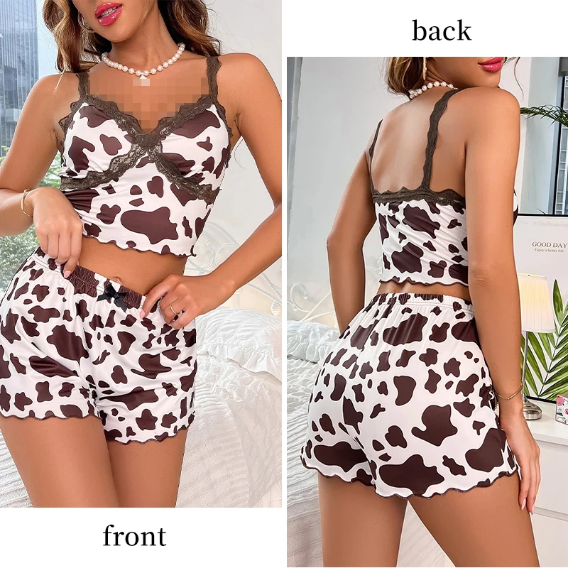 New Women\'s Printed Sleeveless V-Neck Camouflage Contrasting Lace Spaghetti Strap Top with Shorts Pajama Set