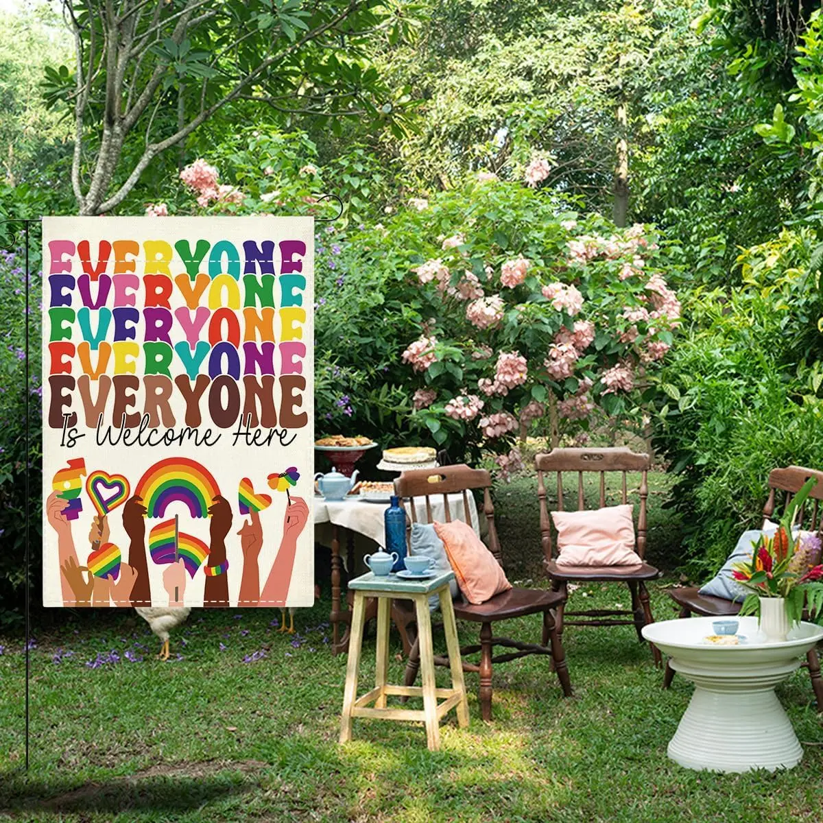 Gay Pride Garden Flag Everyone is Welcome Here Garden Flag Decor for Pride Month Funny Rainbow Gifts for Gay Lesbian 12x18 i PPZ