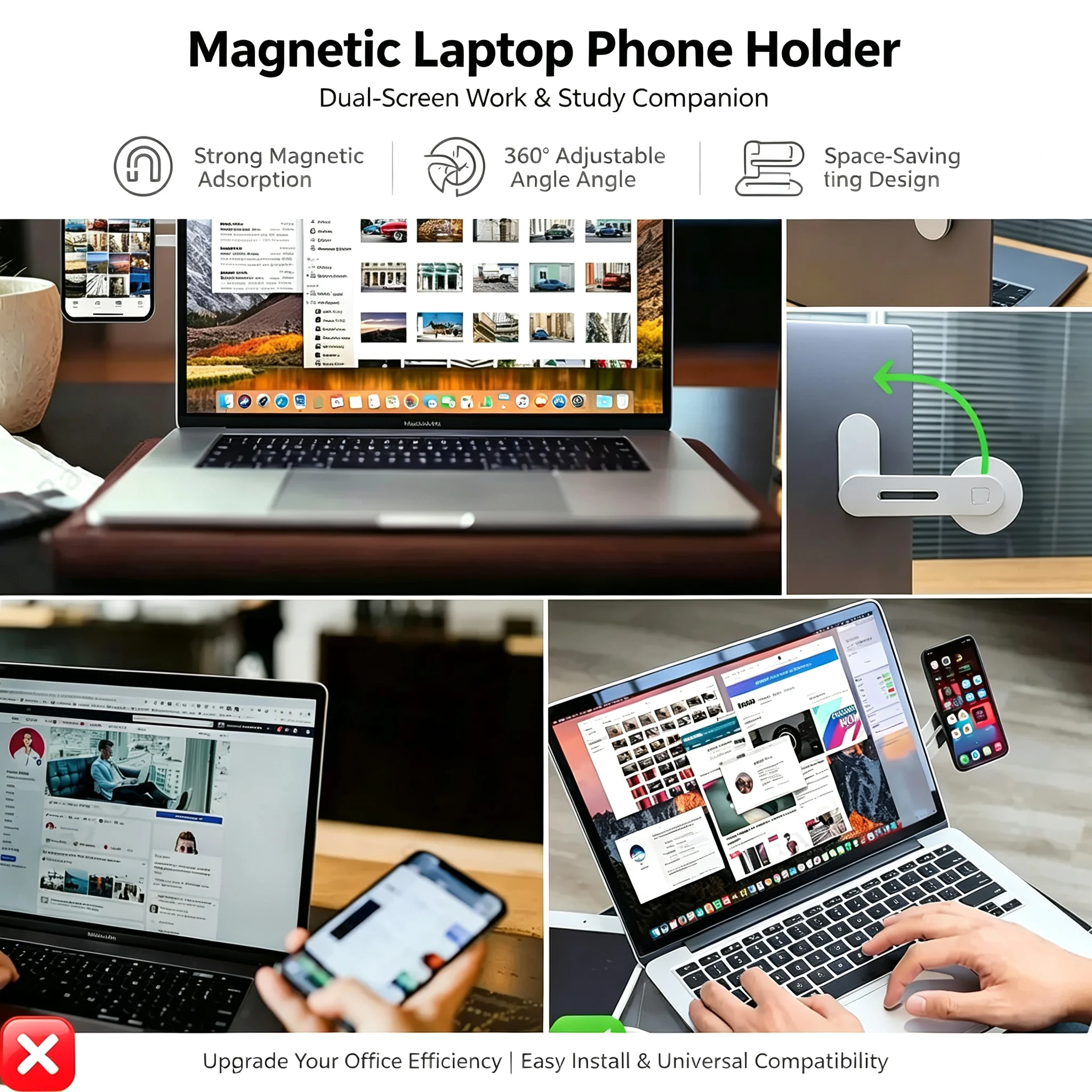 Suporte Magnético para Laptop e Celular 2026, Fino e Dobrável, para Lateral de Monitor de Computador, Compatível com iPhone 14, 13, 12 Series e Todos os Celulares