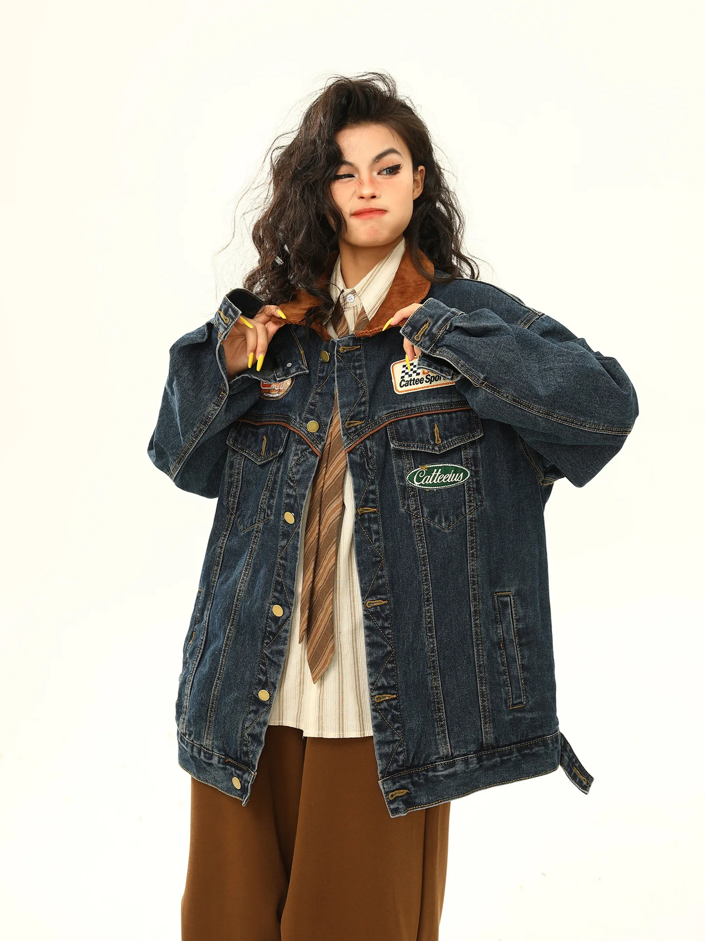 Women Motorcycle Trendy Brand Turn-down Collar Jacket Loose Retro American Denim Coat Autumn Casual Patchwork Y2k Tops Fashion