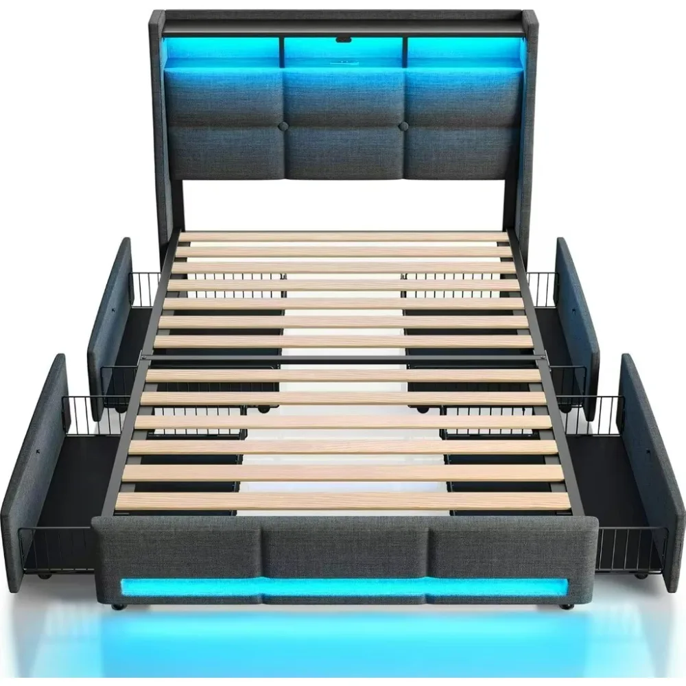 Beds Frame with LED Lights Charging Station,Upholstered Bed Storage Headboard,Drawers,Heavy Duty Wood Slats furniture bunk