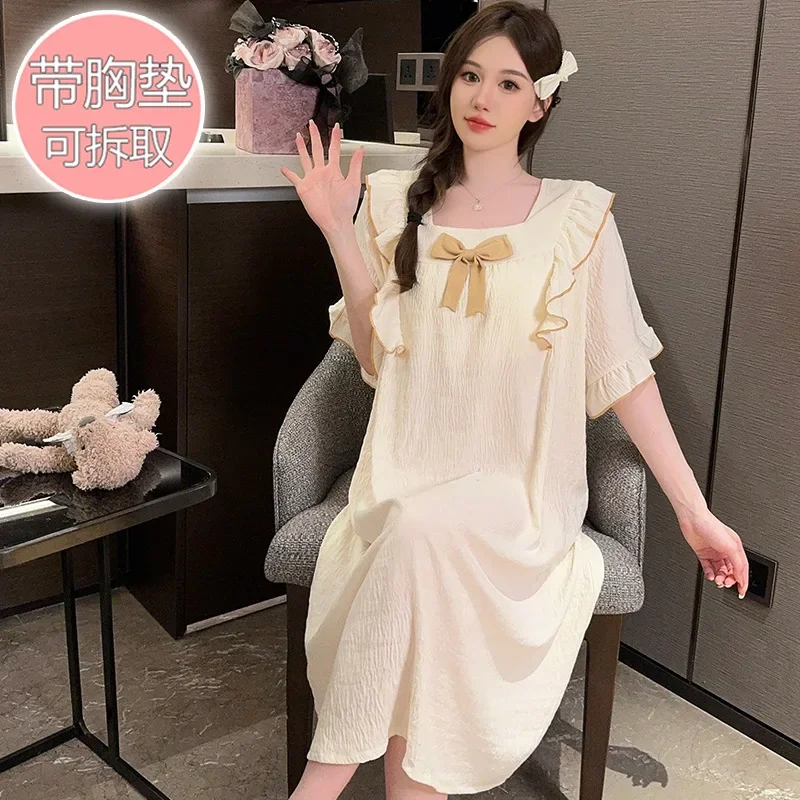 5XL Plus Size Sleep Dress with Chest Pad Thin Cloud Cotton Homewear Solid Japanese Sweet Home Clothes Loose Pajamas Nightwear