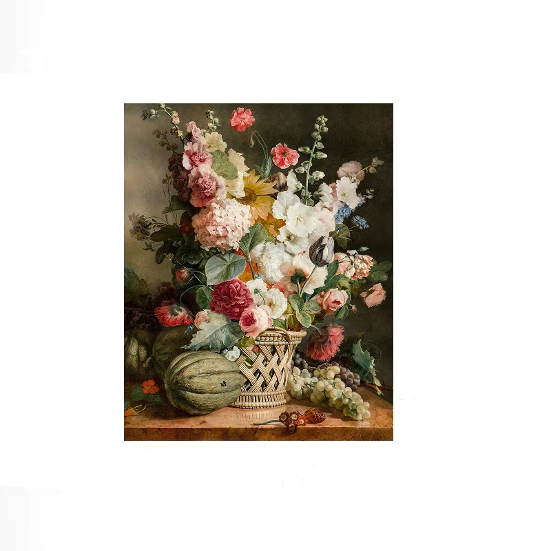 antoine berjon Fruit and Flowers in a Willow Basket,Art Picture Print Silk Poster Home Wall Decor
