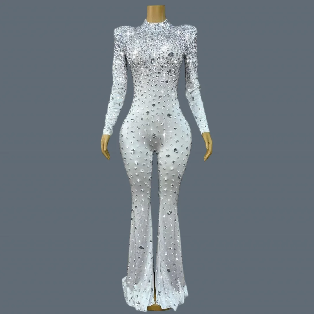 Luxury Sparkly Full Crystals Tight Fitting Jumpsuit Nightclub Singer Dance Stage Performance Wear Sexy Spandex Outfit Dashuijing